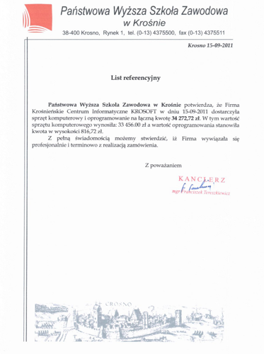 List referencyjny od Państwowej Wyższej Szkoły Zawodowej w Krośnie