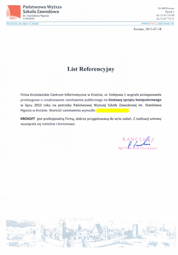 List referencyjny Państwowej Wyższej Szkoły Zawodowej w Krośnie